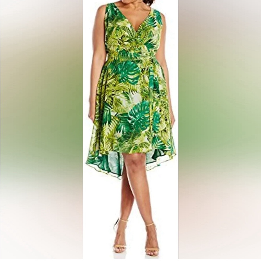 Gabby Skye 18W Fern Multi Green Dress High Low Belted plus size NEW NWT